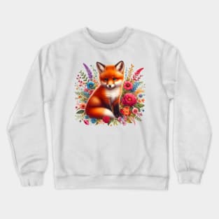 A red fox decorated with beautiful colorful flowers. Crewneck Sweatshirt